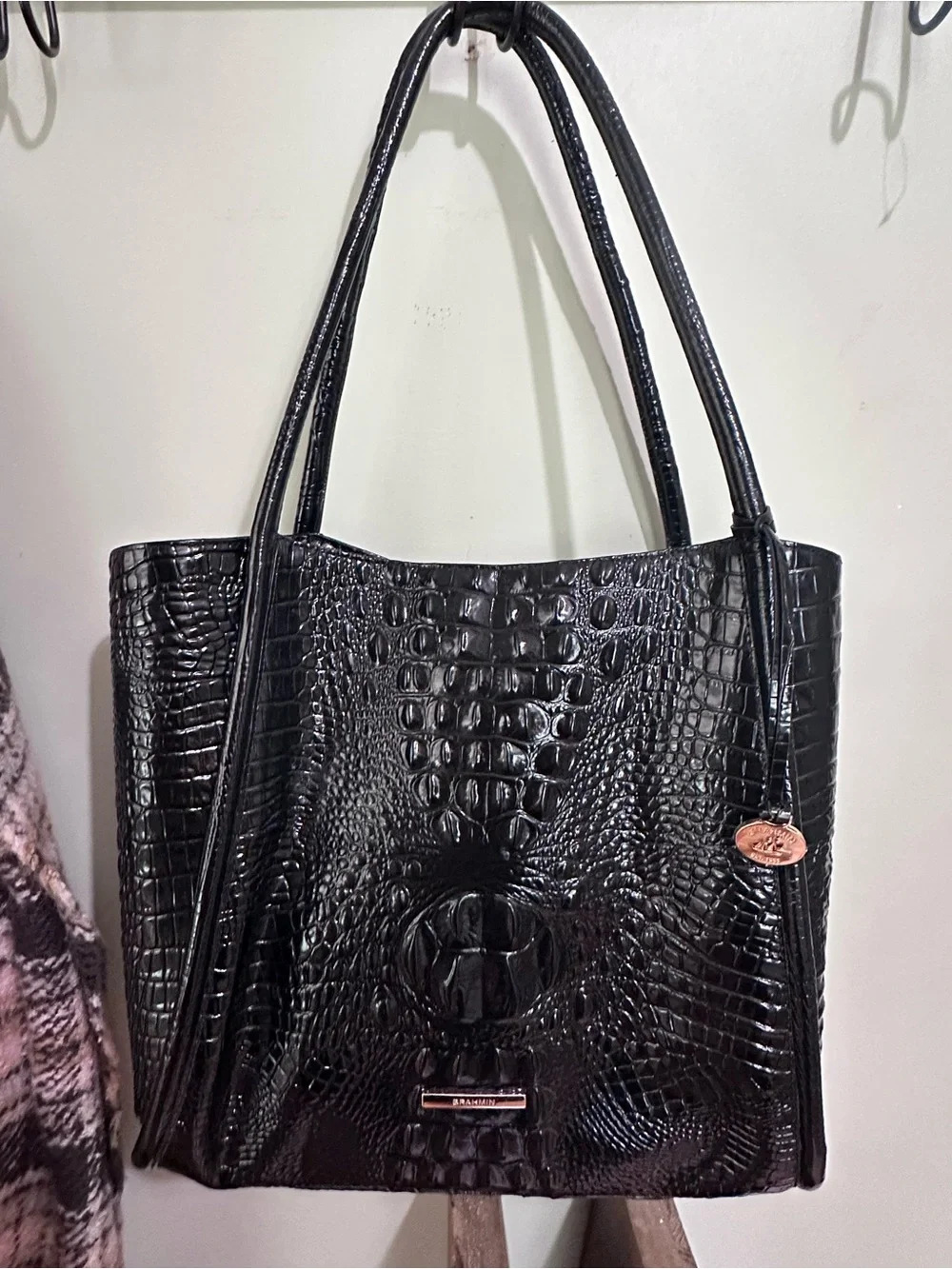 Authentic Brahmin Black Croc-Embossed Tote Bag